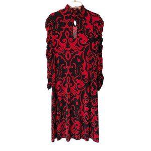 INC Red & Black Damask Print Midi Dress Keyhole Neck Ruched Long Sleeves Medium
